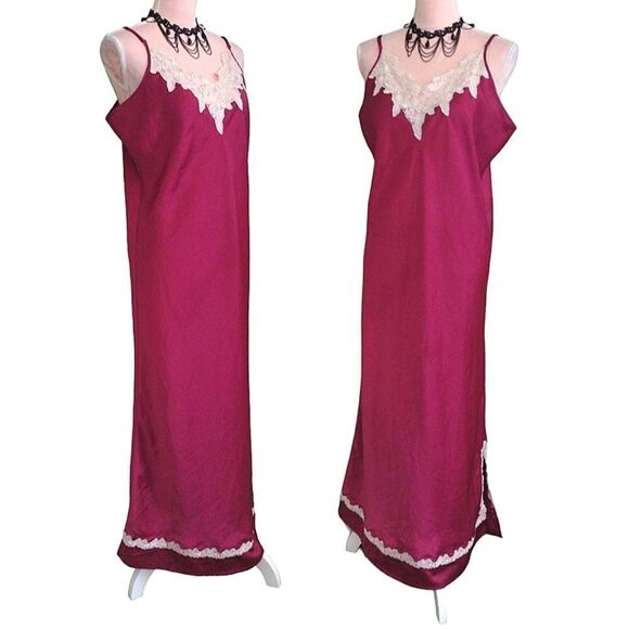 VTG 90s Red Satin White Lace Trim Long Slitted Lingerie Slip Dress Large - Picture 5 of 15